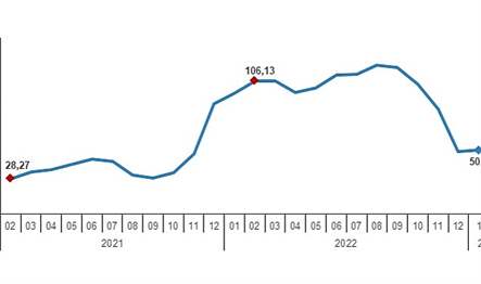 YD-ÜFE (2010=100) 2023 yılı Şubat ayında bir önceki aya göre