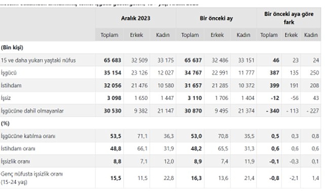 Hanehalkı İşgücü Araştırması sonuçlarına göre; 15 ve daha yukarı yaştaki