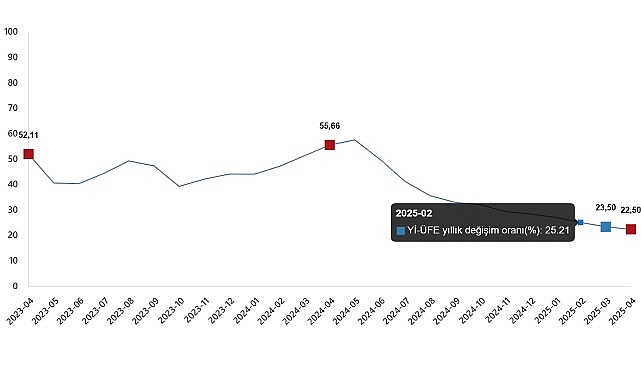 Yurt İçi Üretici Fiyat Endeksi (Yİ-ÜFE) yıllık %22,50 arttı, aylık