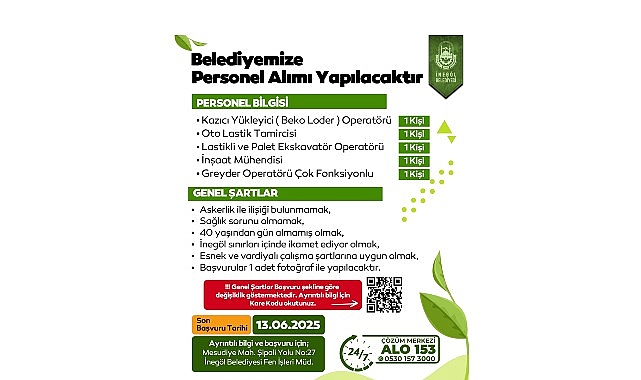 İnegöl Belediyesi, belediye bünyesinde görevlendirilmek üzere 5 farklı alanda toplam