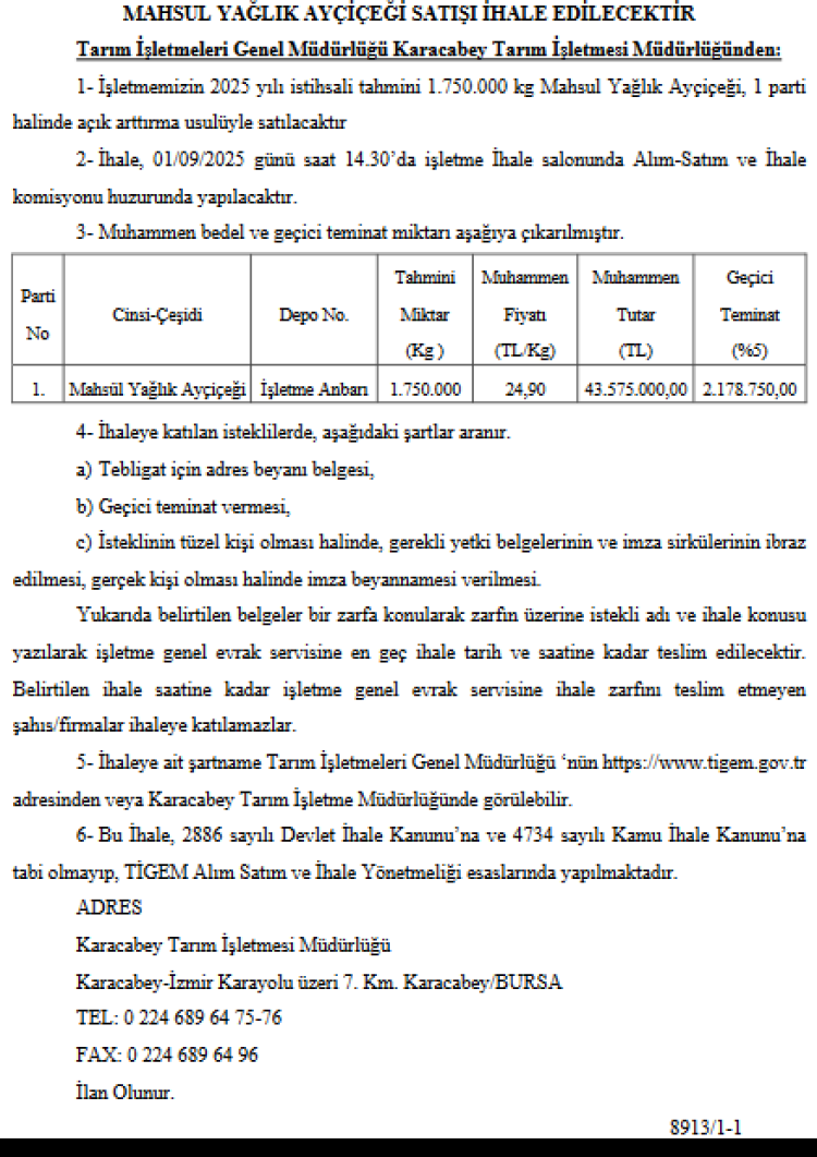 karacabey-tarim-isletmesi-175-milyon-kg-yaglik-aycicegi-icin-ihale-duzenliyor