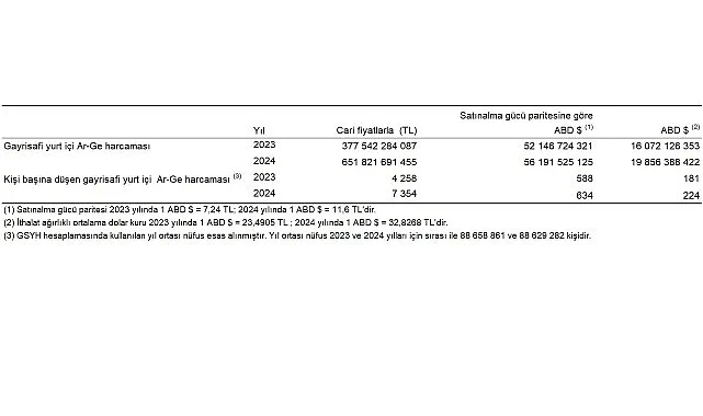 Araştırma-Geliştirme (Ar-Ge) harcaması 2024 yılında 651 milyar 822 milyon TL'ye