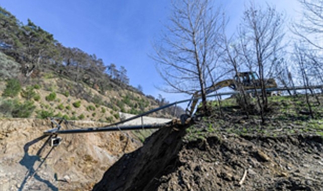 İzmir Büyükşehir Belediyesi, Ödemiş’te Çamyayla-Horzum yolunda orman yangınlarının ardından kesilen