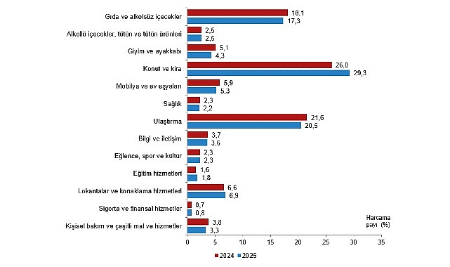 Hanehalkı Tüketim Harcaması, 2025 Hanehalkı bütçesinden en fazla pay konut ve kira harcamalarına ayrıldı