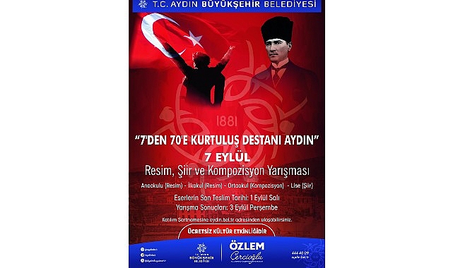 Başkan Çerçioğlu’ndan 7 Eylül Temalı Ödüllü Resim, Şiir ve Kompozisyon Yarışması Aydın Büyükşehir Belediye Başkanı Özlem Çerçioğlu, Aydın’ın düşman işgalinden kurtuluşunun