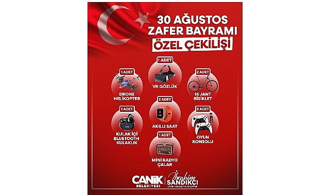 Canik Belediyesi’nden Hediye Yağmuru Canik Belediyesi, 30 Ağustos Zafer Bayramı Özel Çekilişi ile vatandaşları