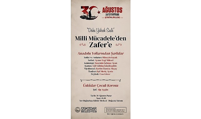 Üsküdar’da 30 Ağustos Zafer Bayramı Coşkuyla Kutlanacak “Daha Yüksek Sesle – Milli Mücadele’den Zafer’e” başlığıyla düzenlenecek programda,
