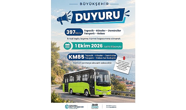 397 No’lu hat KM85 olarak sefer yapacak Kocaeli Büyükşehir Belediyesi, kırsal mahallelere ulaşım hizmetlerini güçlendirmeye devam ediyor.