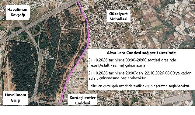 Aksu Lara Caddesi’nde asfalt çalışması yapılacak Antalya Büyükşehir Belediyesi, Aksu ilçesi Lara Caddesi’nin sağ şeridinde asfalt