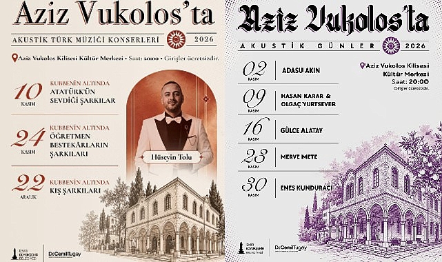 Aziz Vukolos’ta akustik müzik konserleri başlıyor İzmir Büyükşehir Belediyesi, Aziz Vukolos Kilisesi Kültür Merkezi’nde “Akustik Günler”