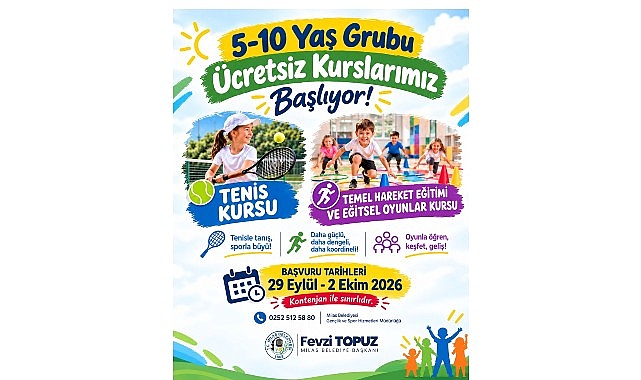Milas Belediyesi Tenis, Temel Hareket Eğitimi ve Eğitsel Oyunlar Kursları İçin Kayıtları Başlatıyor Milas Belediyesi tarafından çocukların spora özendirilmeleri ve farklı branşlarda eğitim